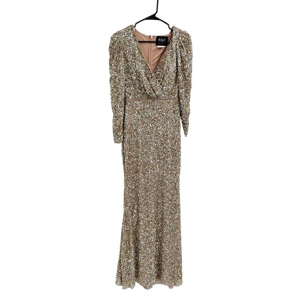 Mac Duggal 5510 Gold Puff Shoulder Sequined Surplice Gown 2 NEW - Picture 3 of 8